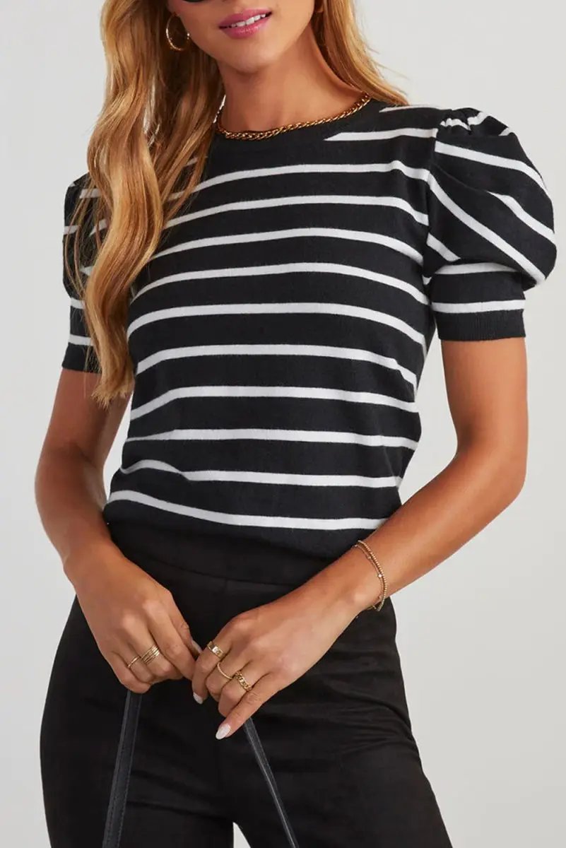 White Stripe Ribbed Trim Round Neck Bubble Sleeve Knitted Top - Love Salve